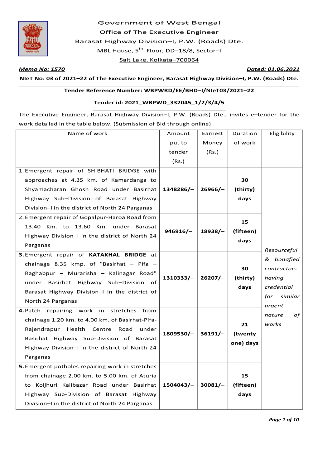 Governme Office of the Barasat Highway D MBL House, 5 Memo