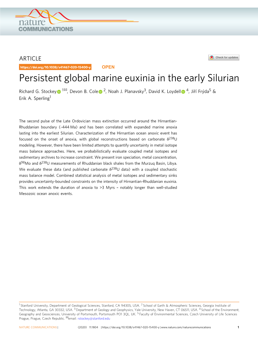 Persistent Global Marine Euxinia in the Early Silurian ✉ Richard G