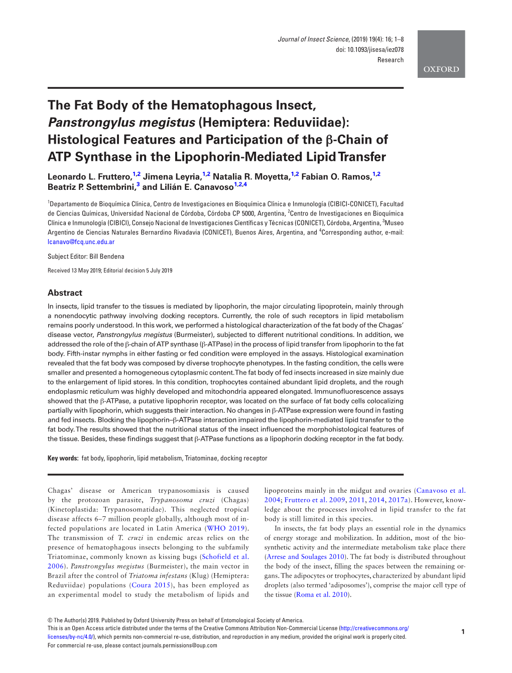 The Fat Body of the Hematophagous Insect, Panstrongylus Megistus