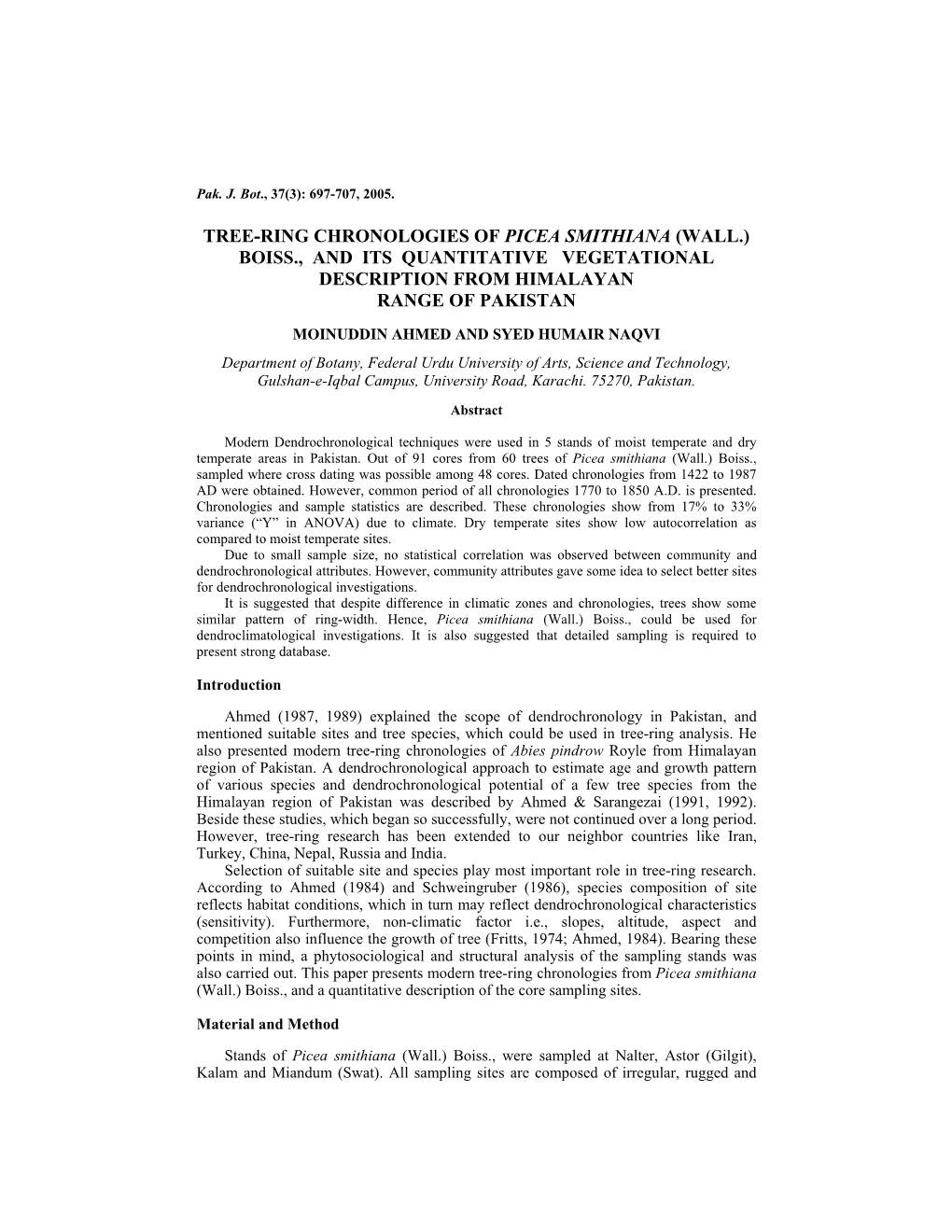 Tree-Ring Chronologies of Picea Smithiana (Wall.) Boiss., and Its Quantitative Vegetational Description from Himalayan Range of Pakistan