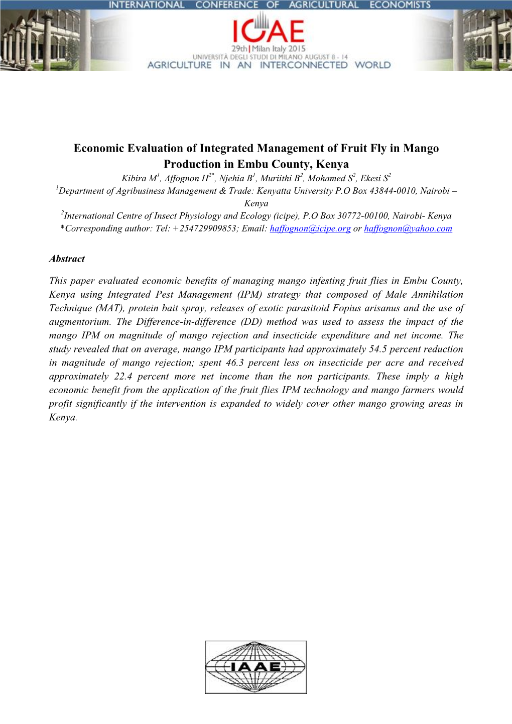 Economic Evaluation of Integrated Management of Fruit Fly in Mango