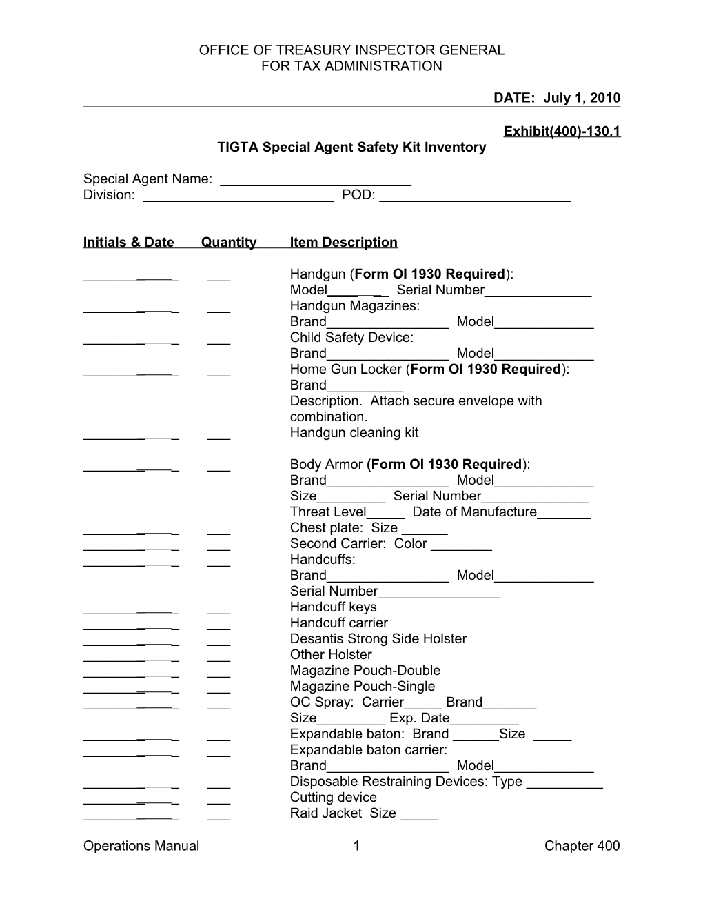 TIGTA Special Agent Safety Kit Inventory