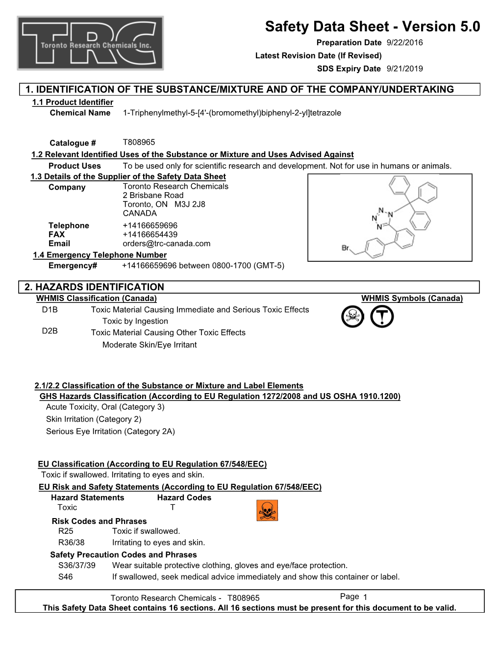 Safety Data Sheet - Version 5.0 Preparation Date 9/22/2016 Latest Revision Date (If Revised) SDS Expiry Date 9/21/2019