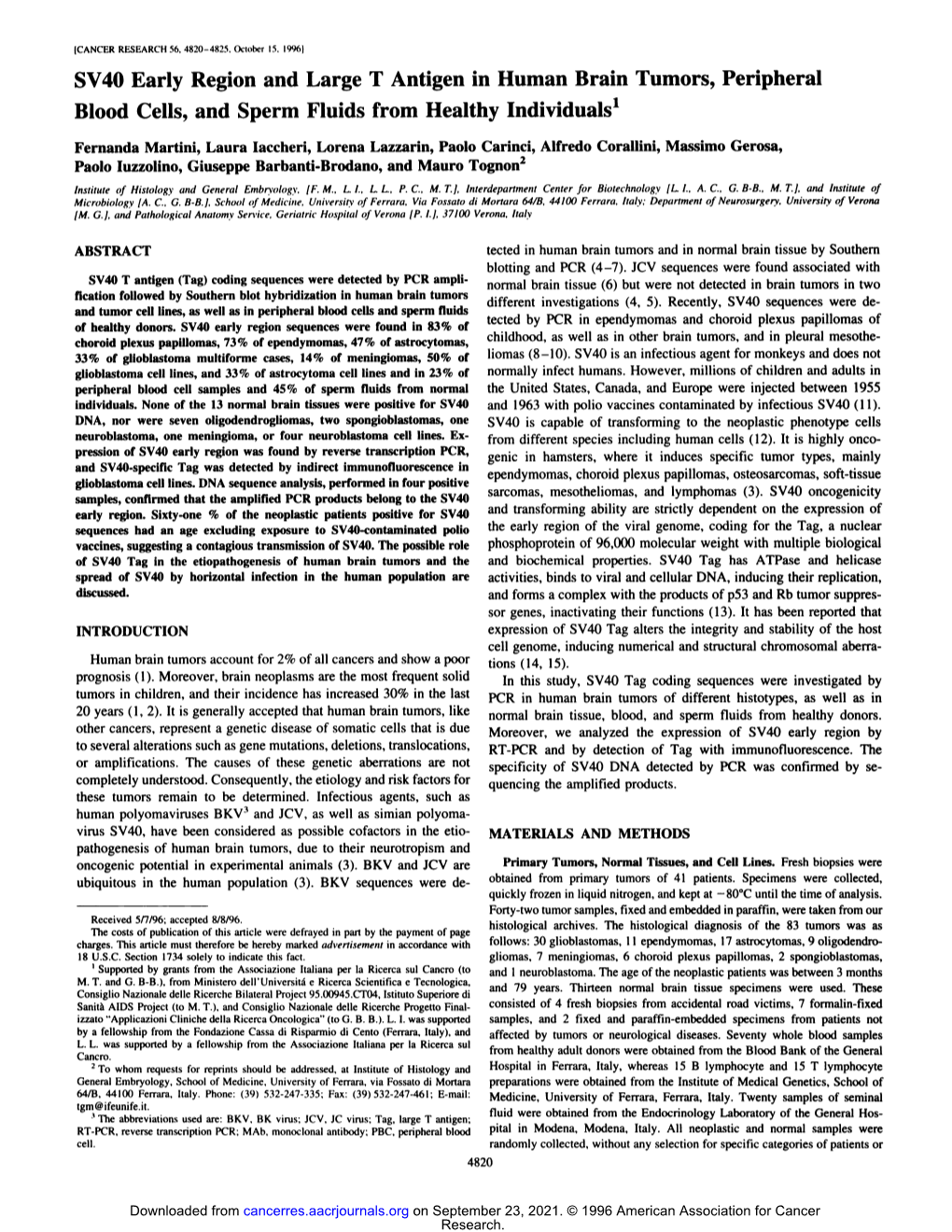 Sv4oearly Region and Large T Antigen in Human Brain Tumors