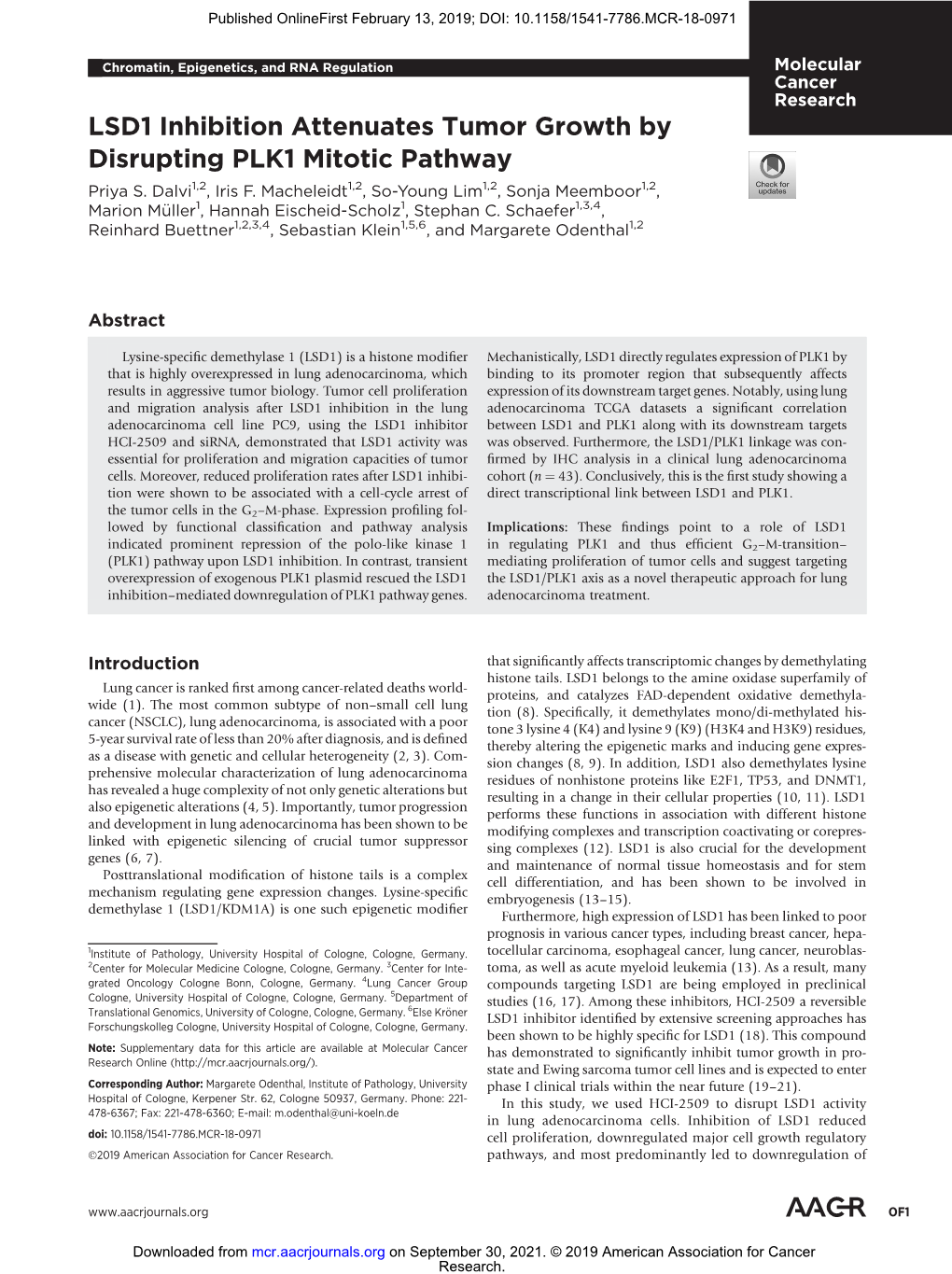 LSD1 Inhibition Attenuates Tumor Growth by Disrupting PLK1 Mitotic Pathway Priya S