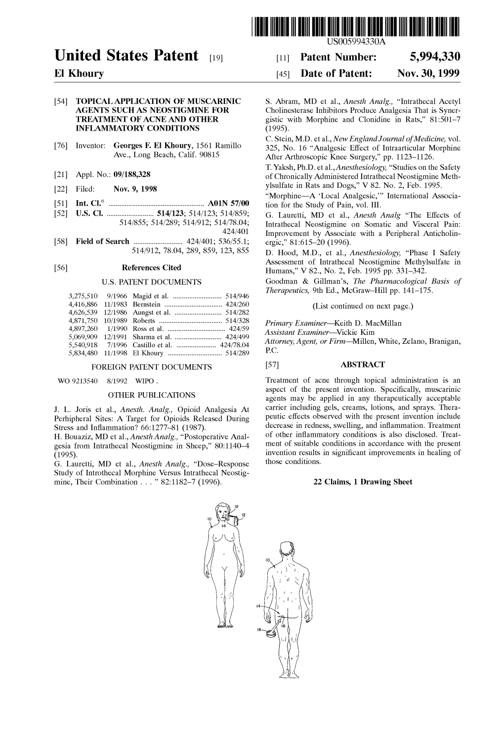 United States Patent (19) 11 Patent Number: 5,994,330 El Khoury (45) Date of Patent: Nov.30, 1999