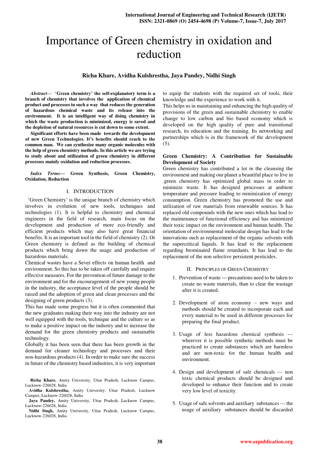 Importance of Green Chemistry in Oxidation and Reduction