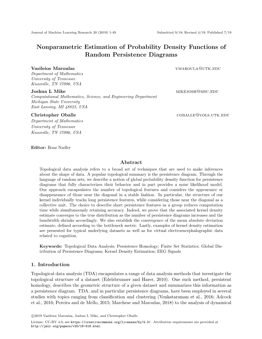 Nonparametric Estimation of Probability Density Functions of Random Persistence Diagrams