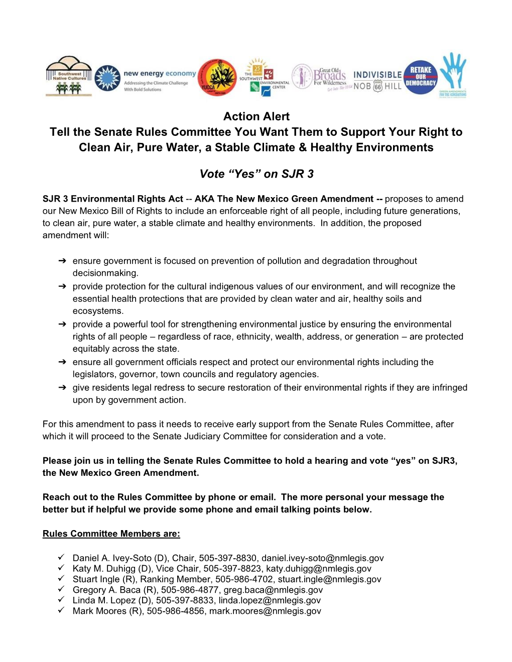 Action Alert Tell the Senate Rules Committee You Want Them to Support Your Right to Clean Air, Pure Water, a Stable Climate & Healthy Environments