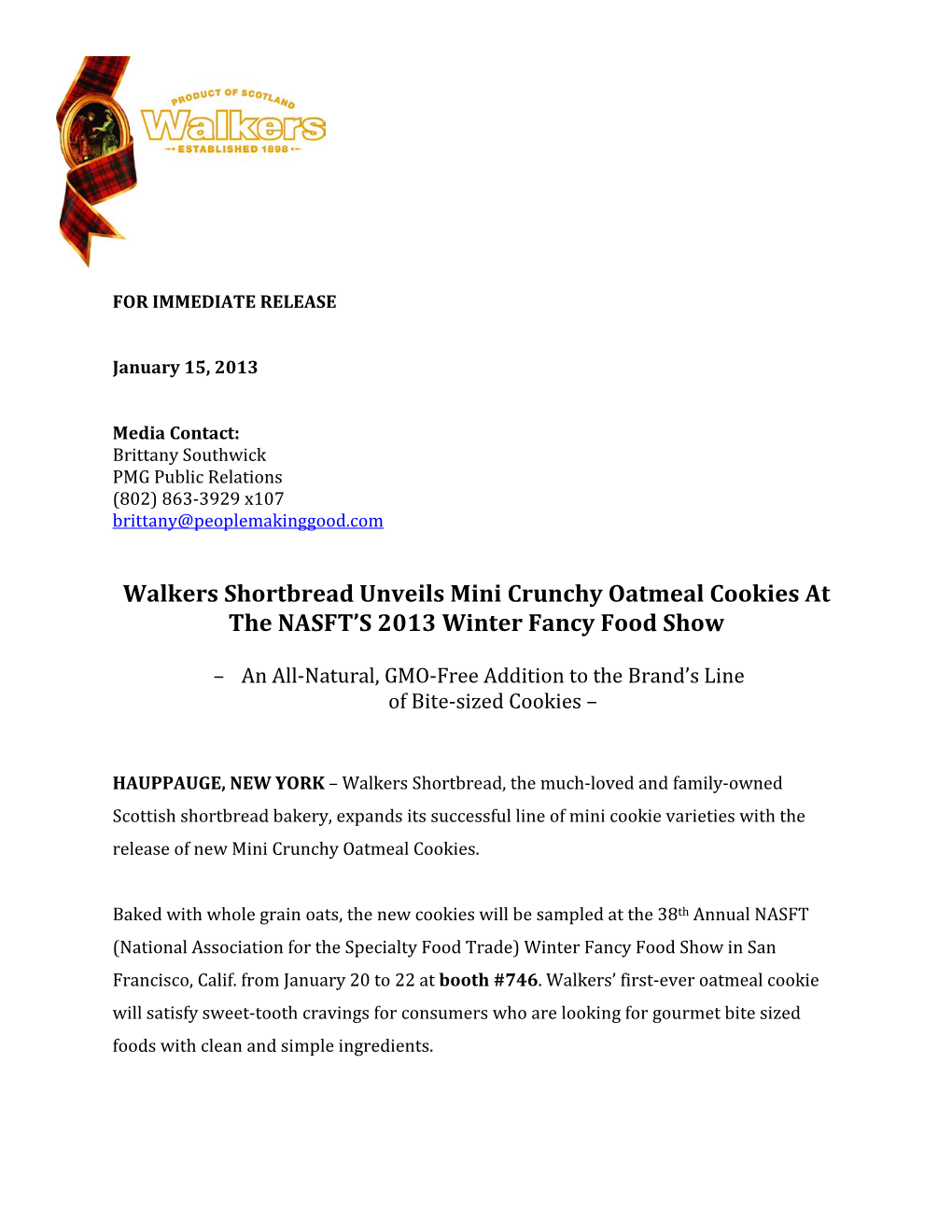 Walkers Shortbread Unveils Mini Crunchy Oatmeal Cookies at the NASFT's 2013 Winter Fancy Food Show