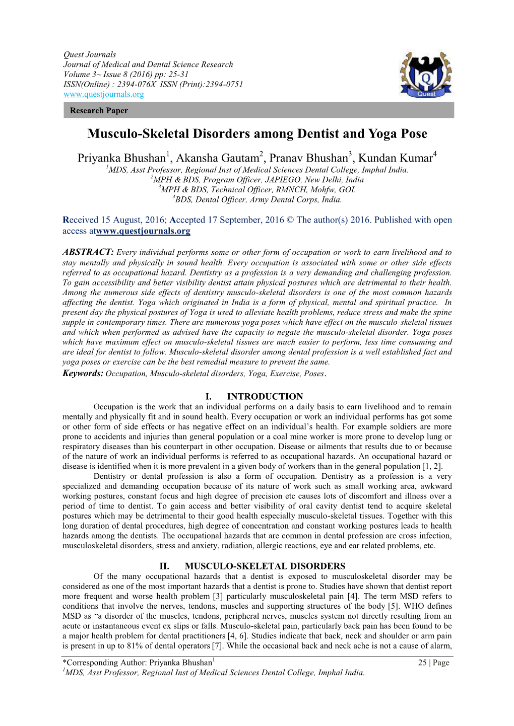 Musculo-Skeletal Disorders Among Dentist and Yoga Pose