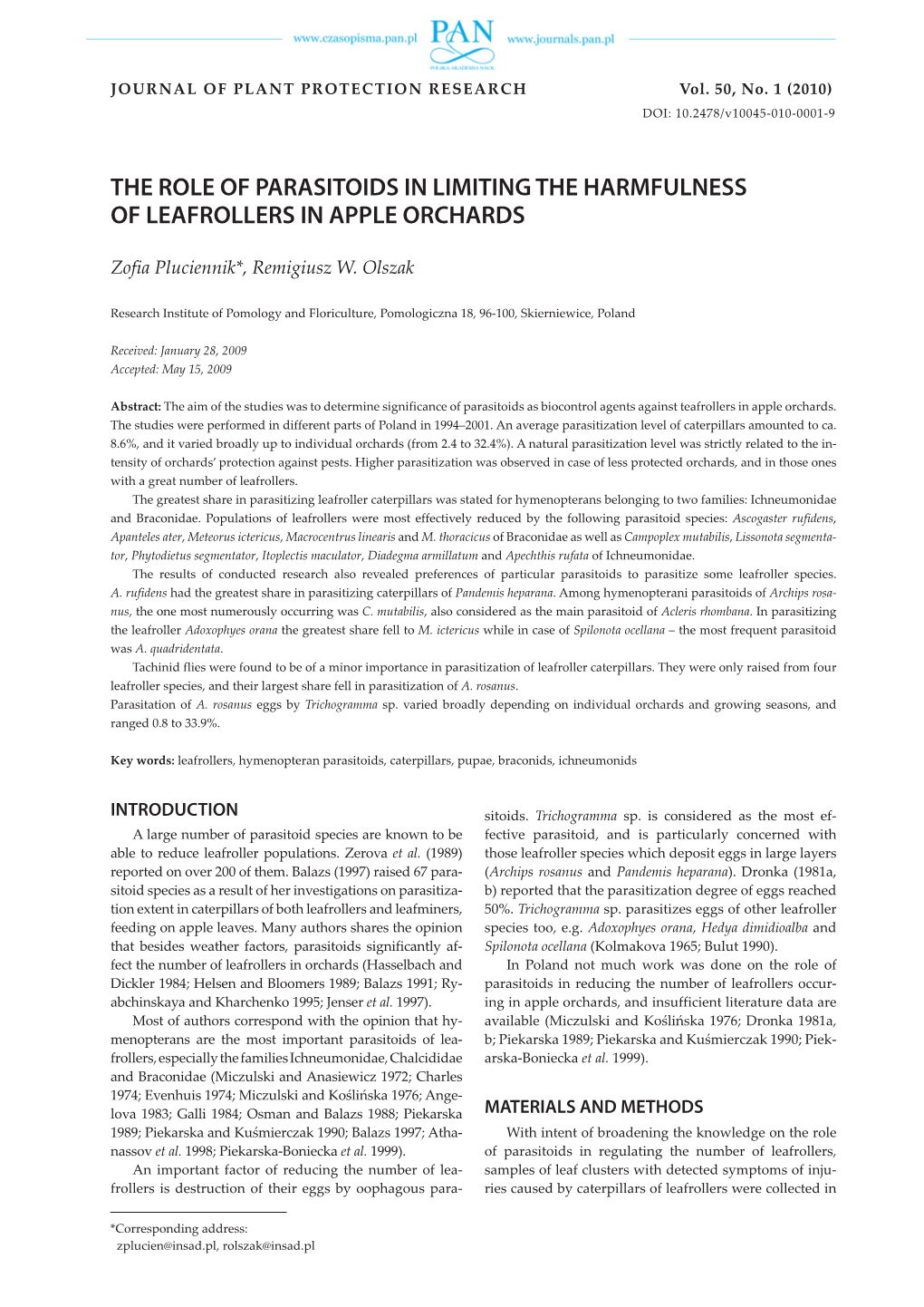 The Role of Parasitoids in Limiting the Harmfulness of Leafrollers in Apple Orchards