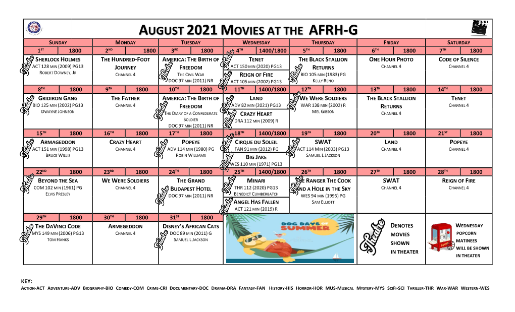 August Movie Calendar