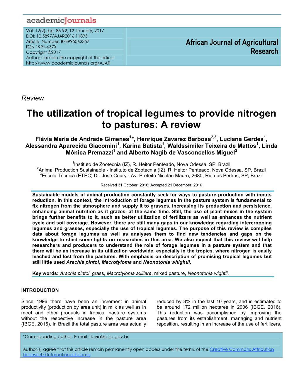 The Utilization of Tropical Legumes to Provide Nitrogen to Pastures: a Review