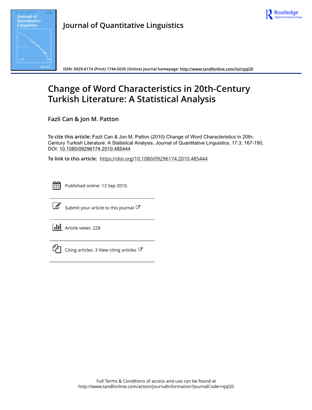 Change of Word Characteristics in 20Th-Century Turkish Literature: a Statistical Analysis