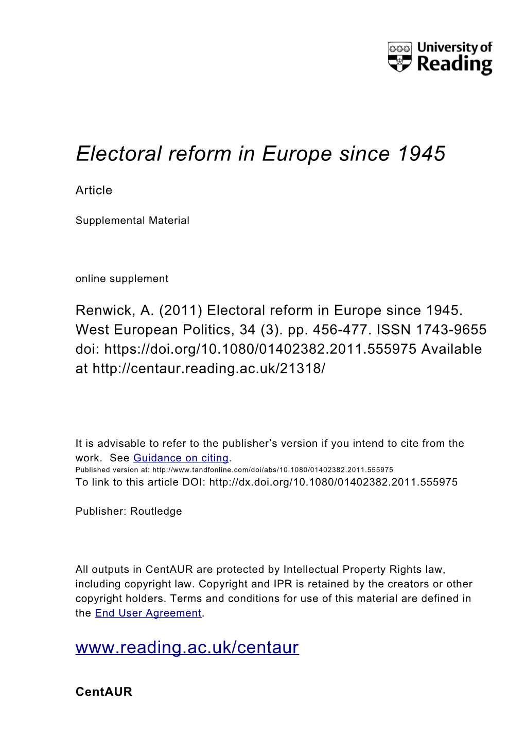 Electoral System Change in Europe Since 1945