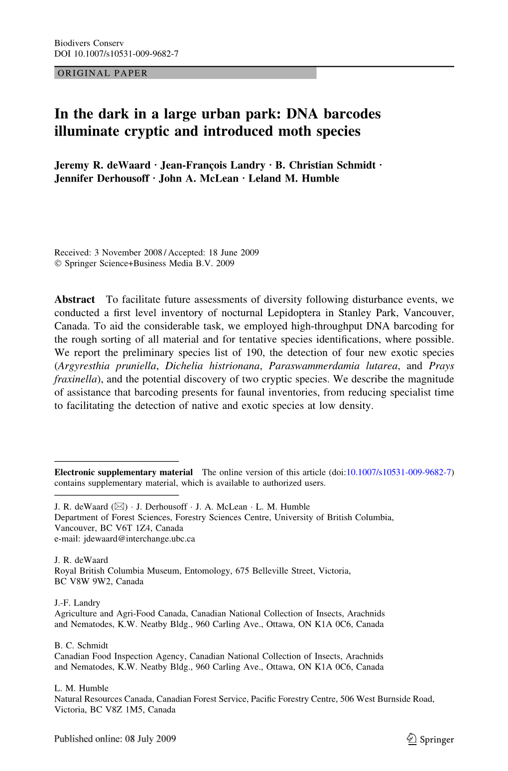 In the Dark in a Large Urban Park: DNA Barcodes Illuminate Cryptic and Introduced Moth Species