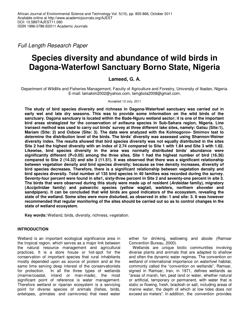 Species Diversity and Abundance of Wild Birds in Dagona-Waterfowl Sanctuary Borno State, Nigeria