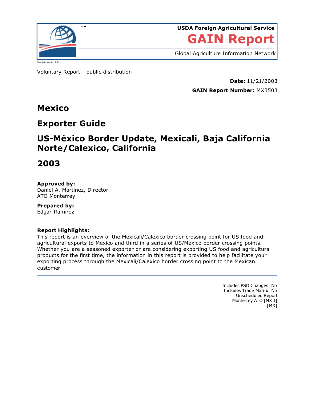 Mexico Exporter Guide US-México Border Update, Mexicali, Baja California Norte/Calexico, California 2003