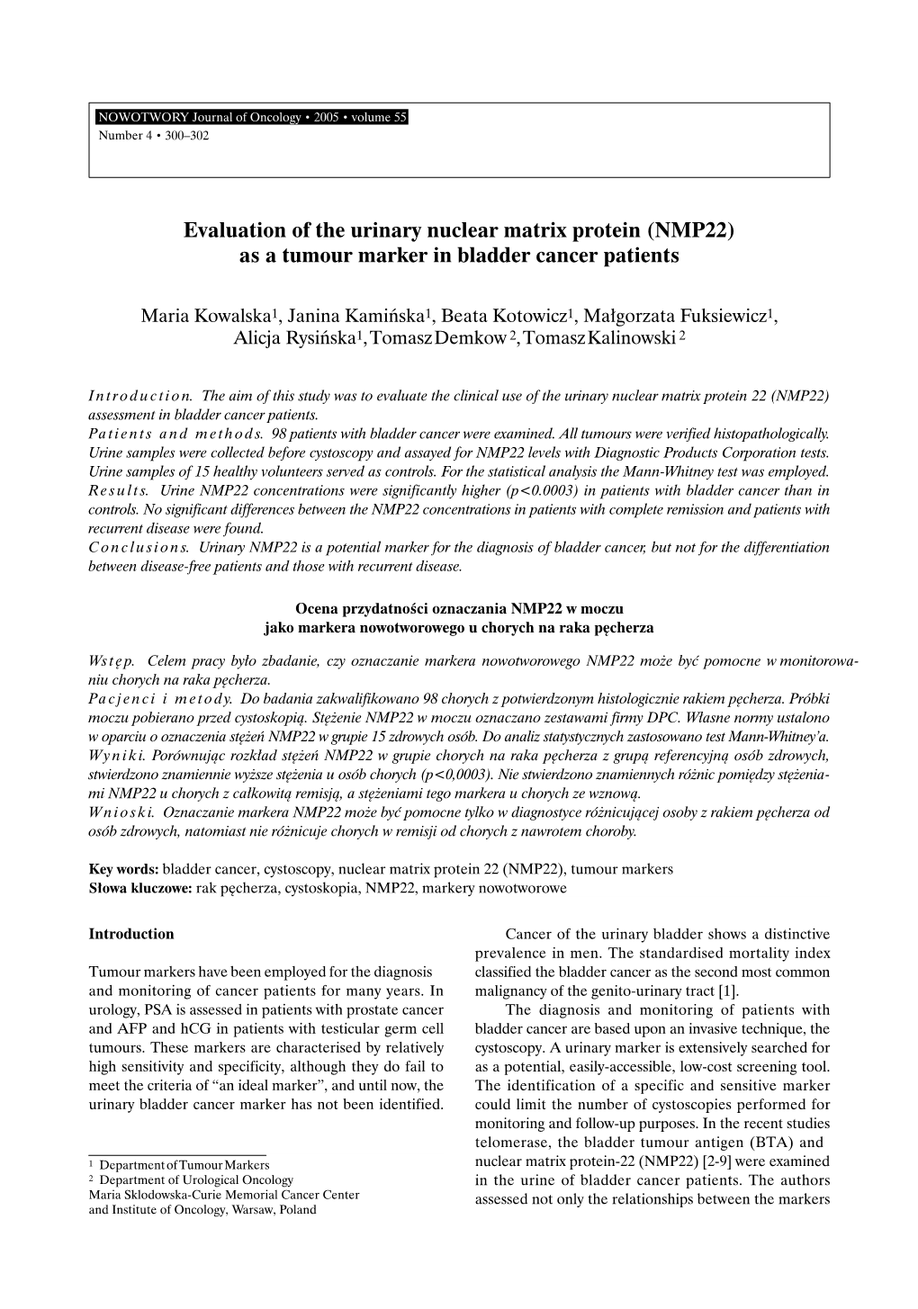 NMP22) As a Tumour Marker in Bladder Cancer Patients