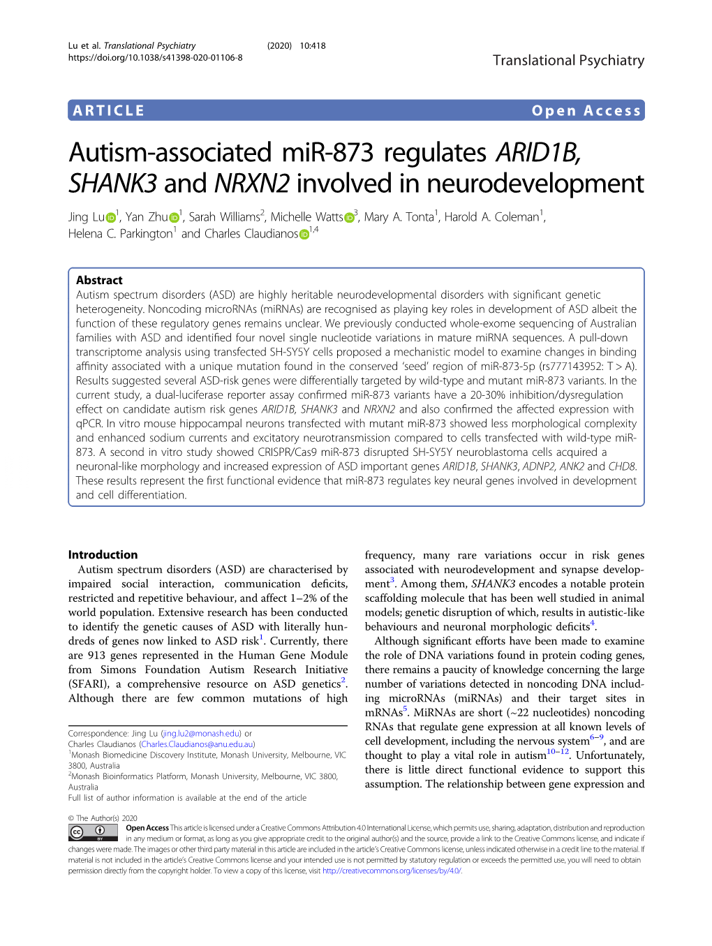 Autism-Associated Mir-873 Regulates ARID1B, SHANK3 and NRXN2