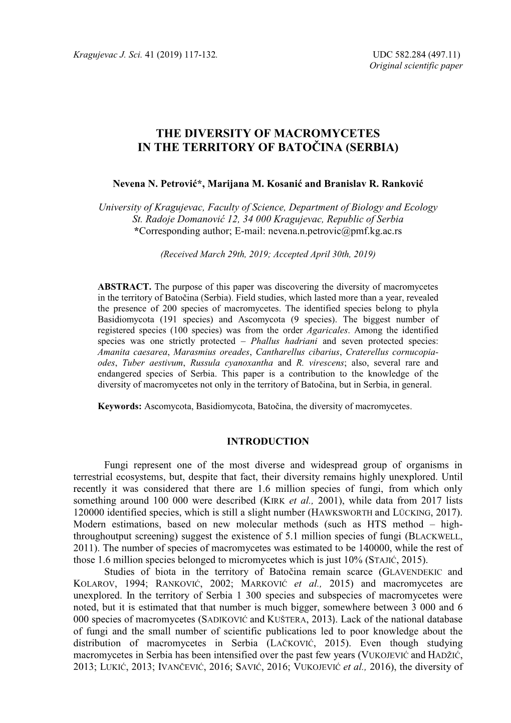 The Diversity of Macromycetes in the Territory of Batočina (Serbia)