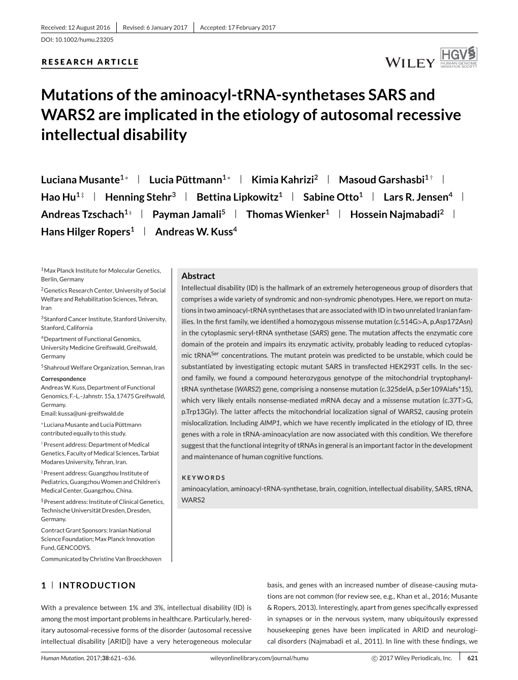 Synthetases SARS and WARS2 Are Implicated in the Etiology of Autosomal Recessive Intellectual Disability