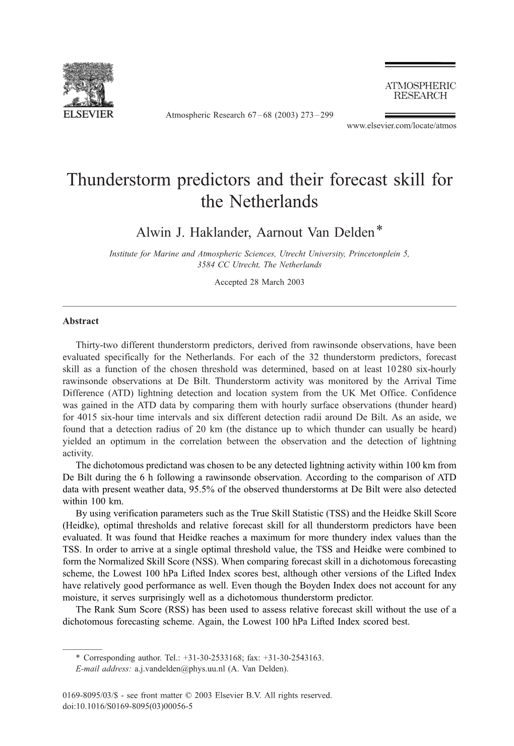 Thunderstorm Predictors and Their Forecast Skill for the Netherlands