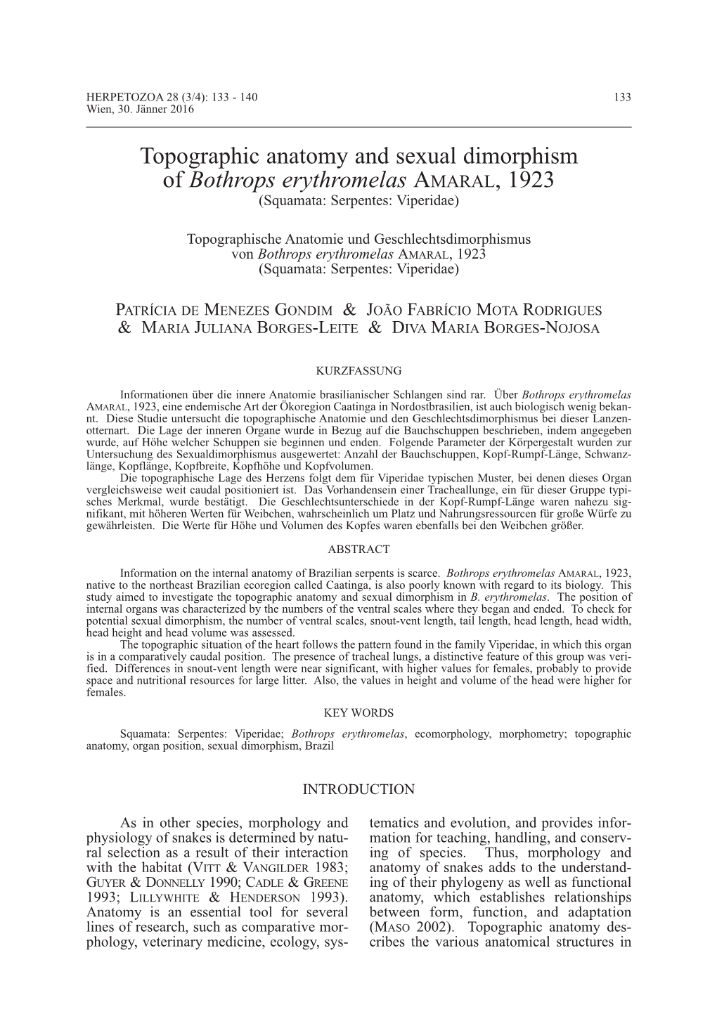 Topographic Anatomy and Sexual Dimorphism of Bothrops Erythromelas Amaral , 1923 (Squamata: Serpentes: Viperidae)