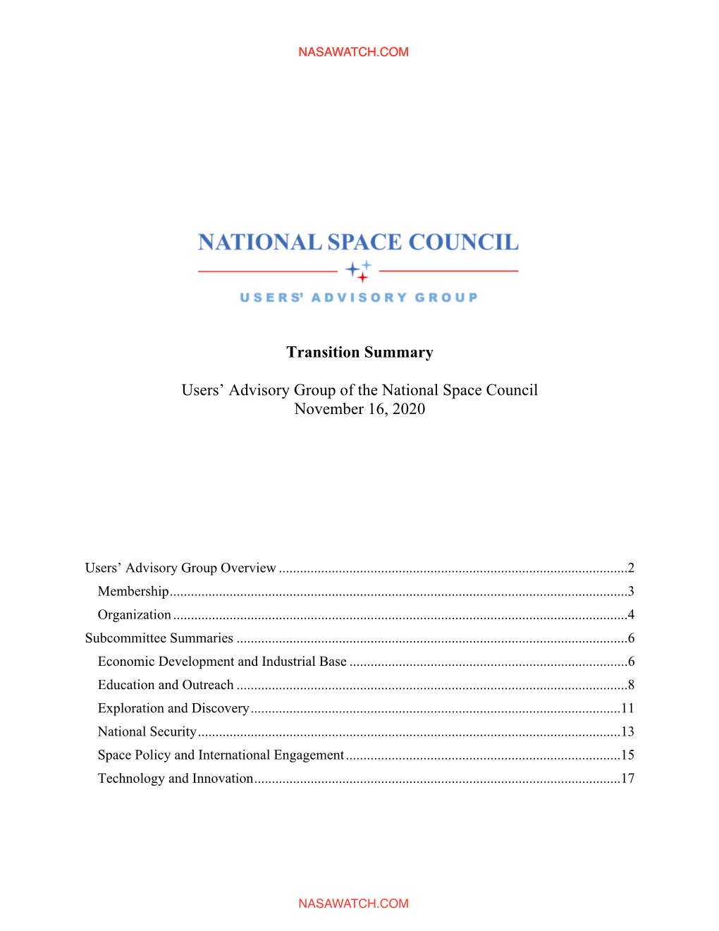 Transition Summary Users' Advisory Group of the National Space