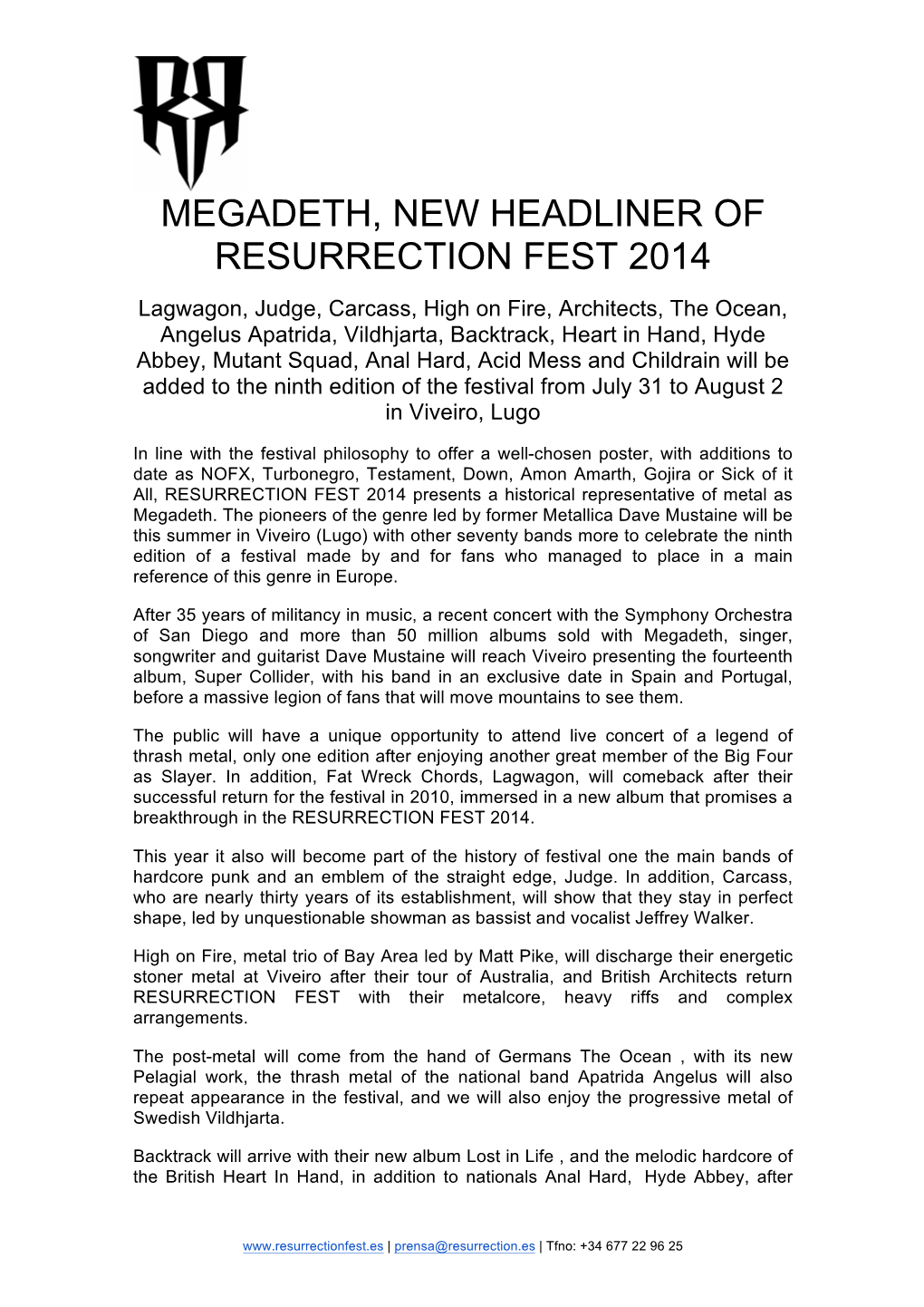 Megadeth, New Headliner of Resurrection Fest 2014