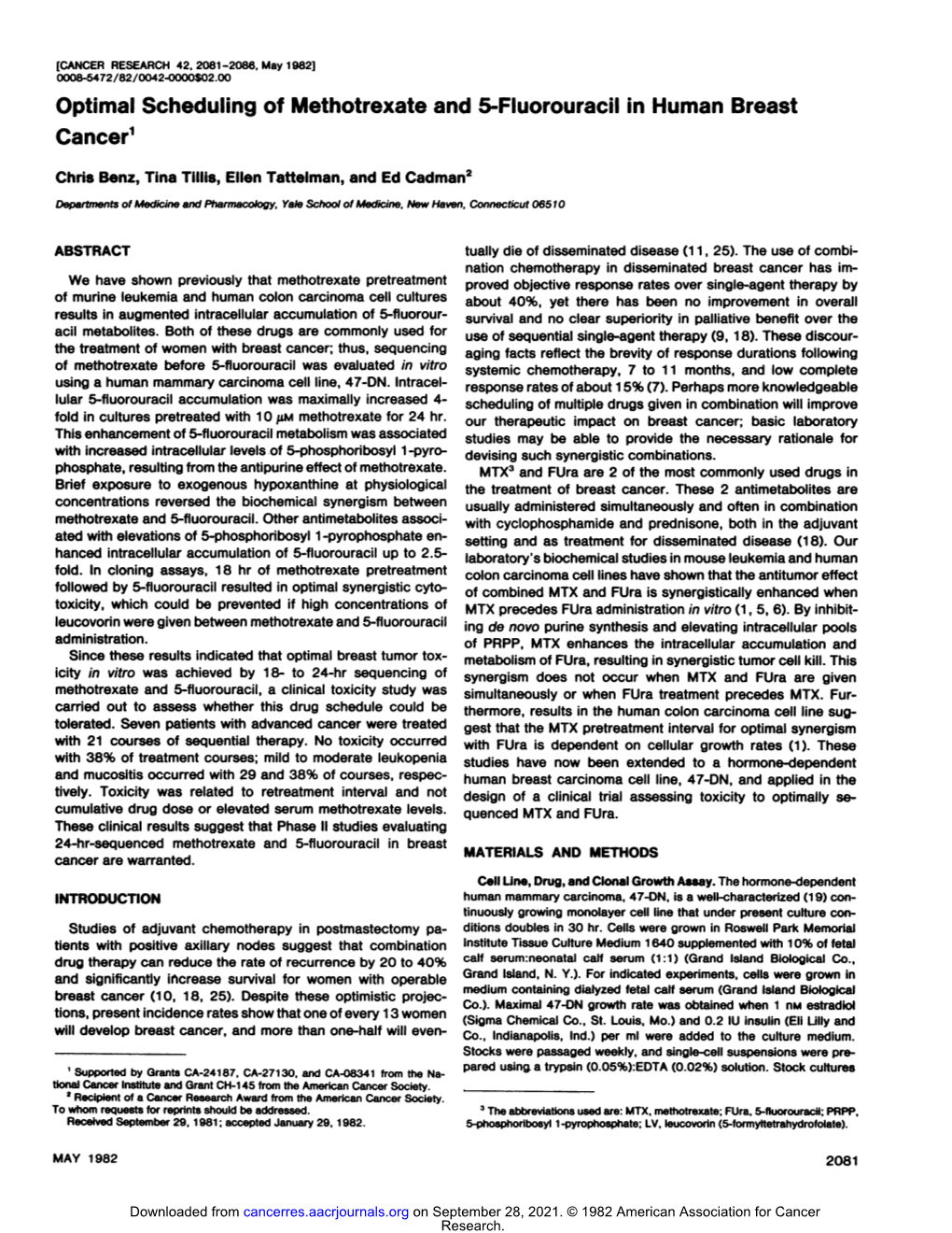 Optimal Scheduling of Methotrexate and 5-Fluorouracil in Human Breast Cancer1