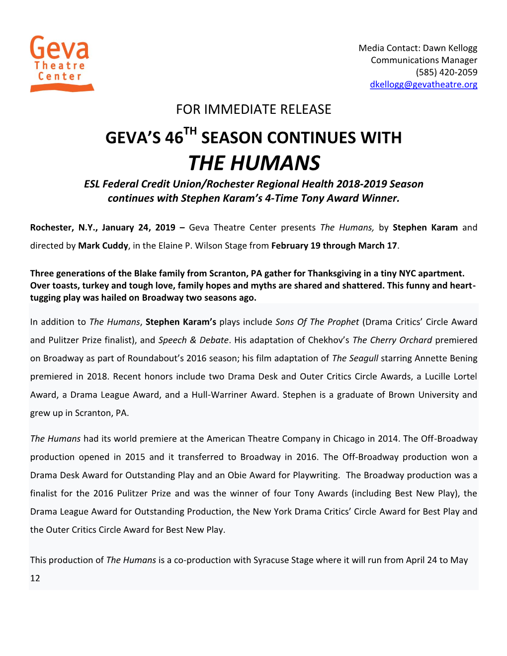 THE HUMANS ESL Federal Credit Union/Rochester Regional Health 2018-2019 Season Continues with Stephen Karam’S 4-Time Tony Award Winner