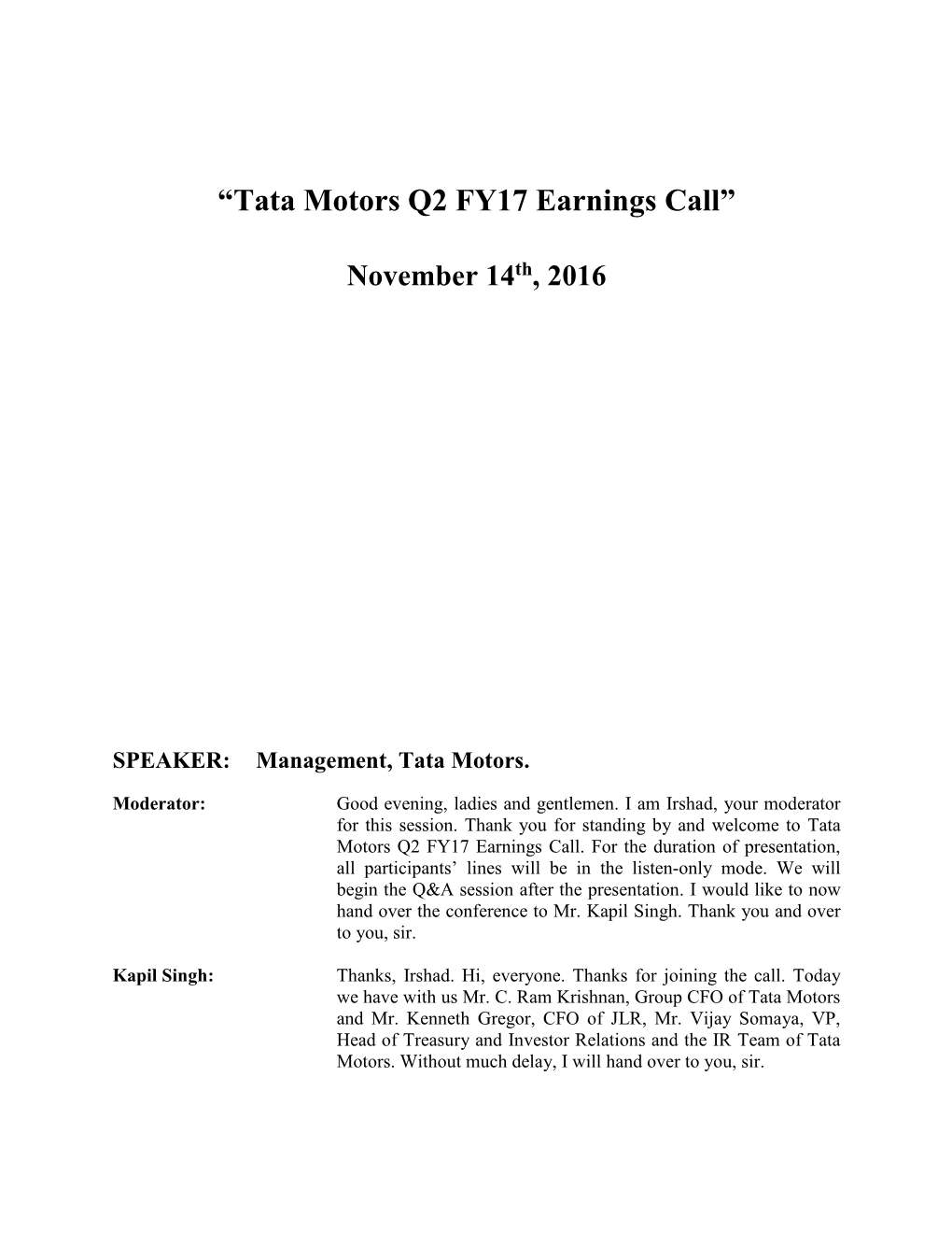 “Tata Motors Q2 FY17 Earnings Call”