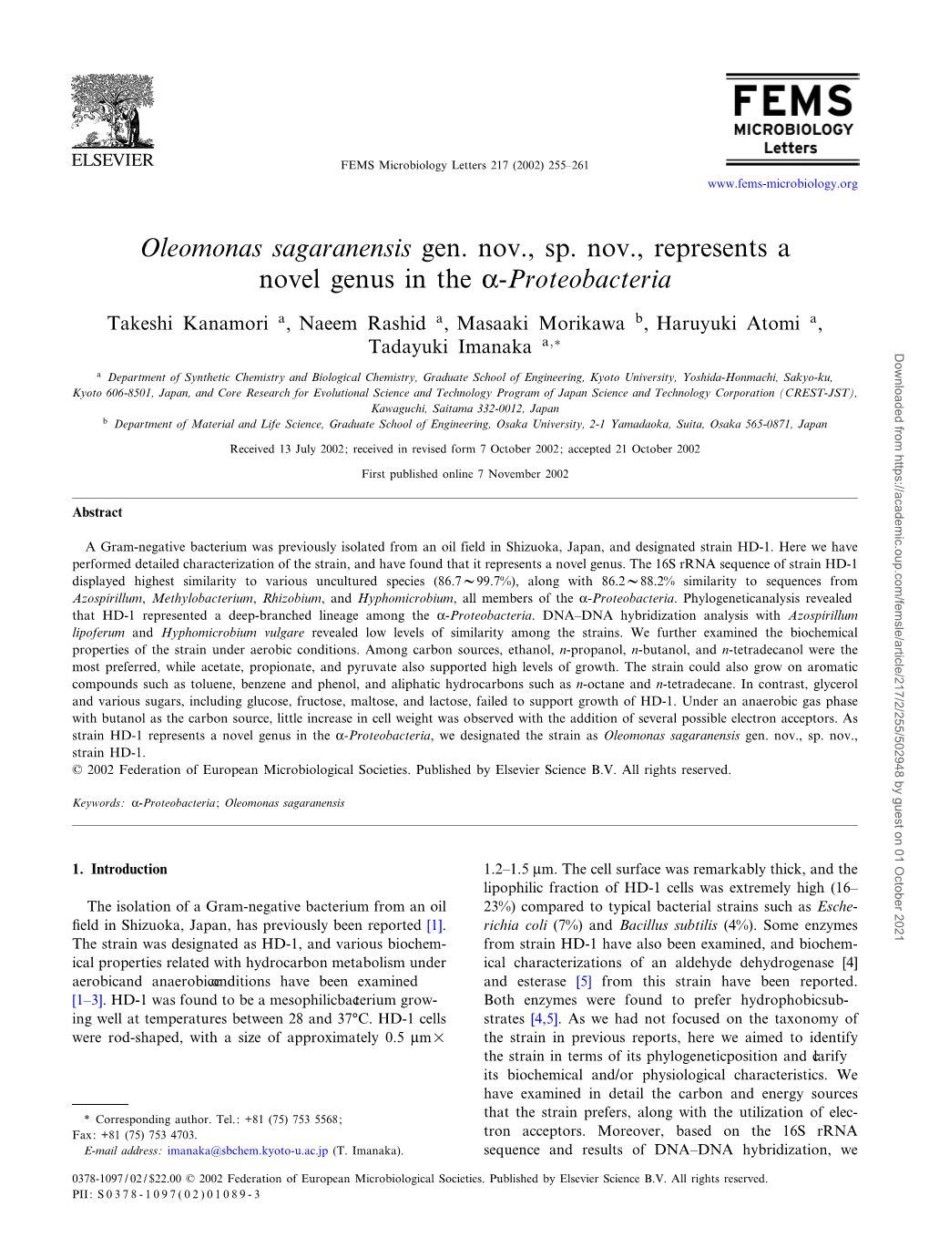 Oleomonas Sagaranensis Gen. Nov., Sp. Nov., Represents a Novel Genus in the K-Proteobacteria