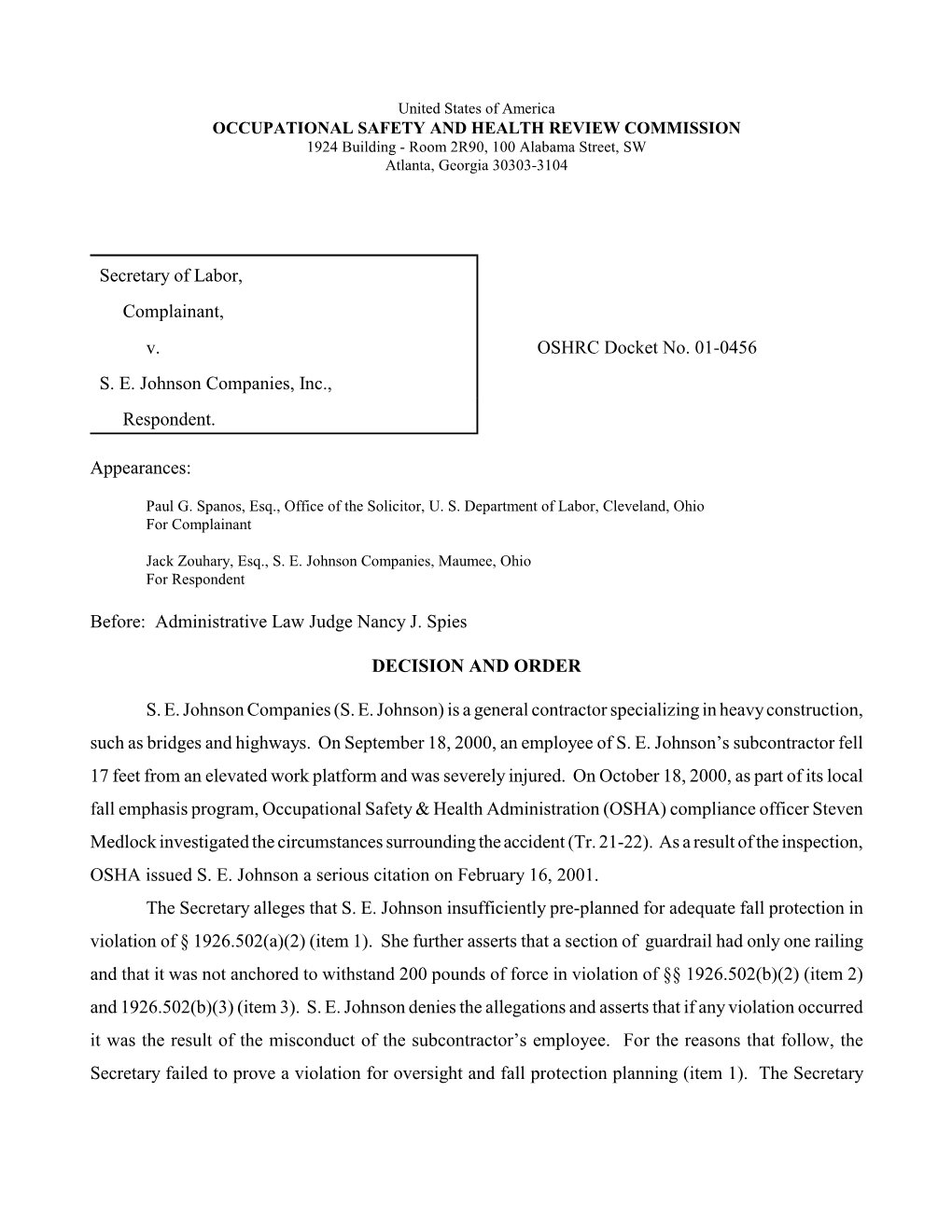 S.E. Johnson Companies, Inc., Docket No. 01-0456