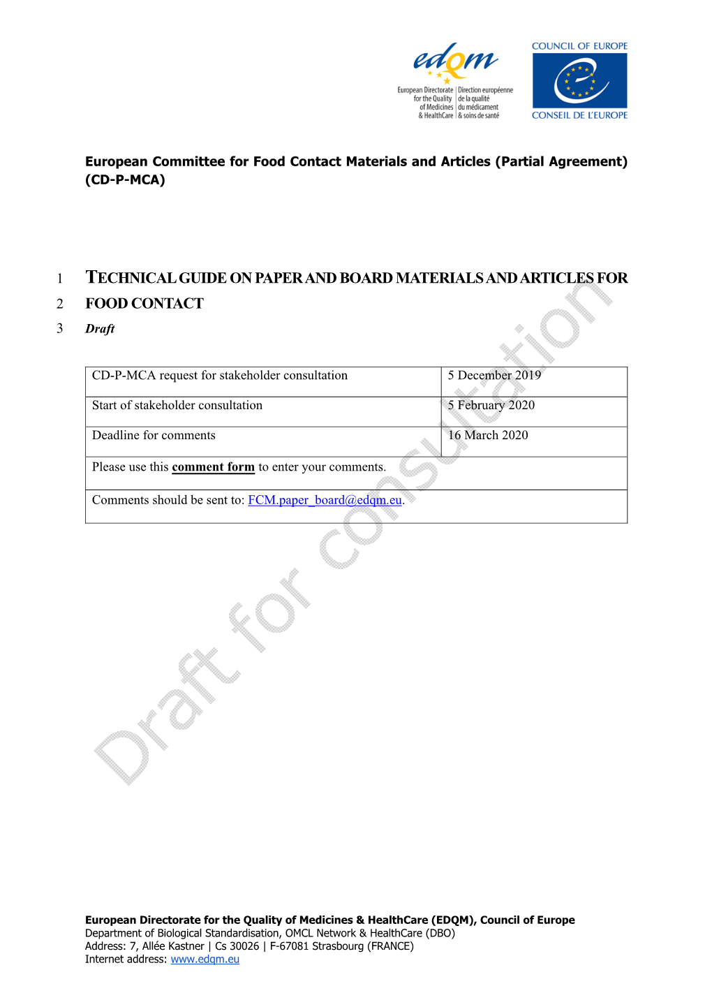 Technical Guide on Paper and Board Materials and Articles for Food Contact – DRAFT