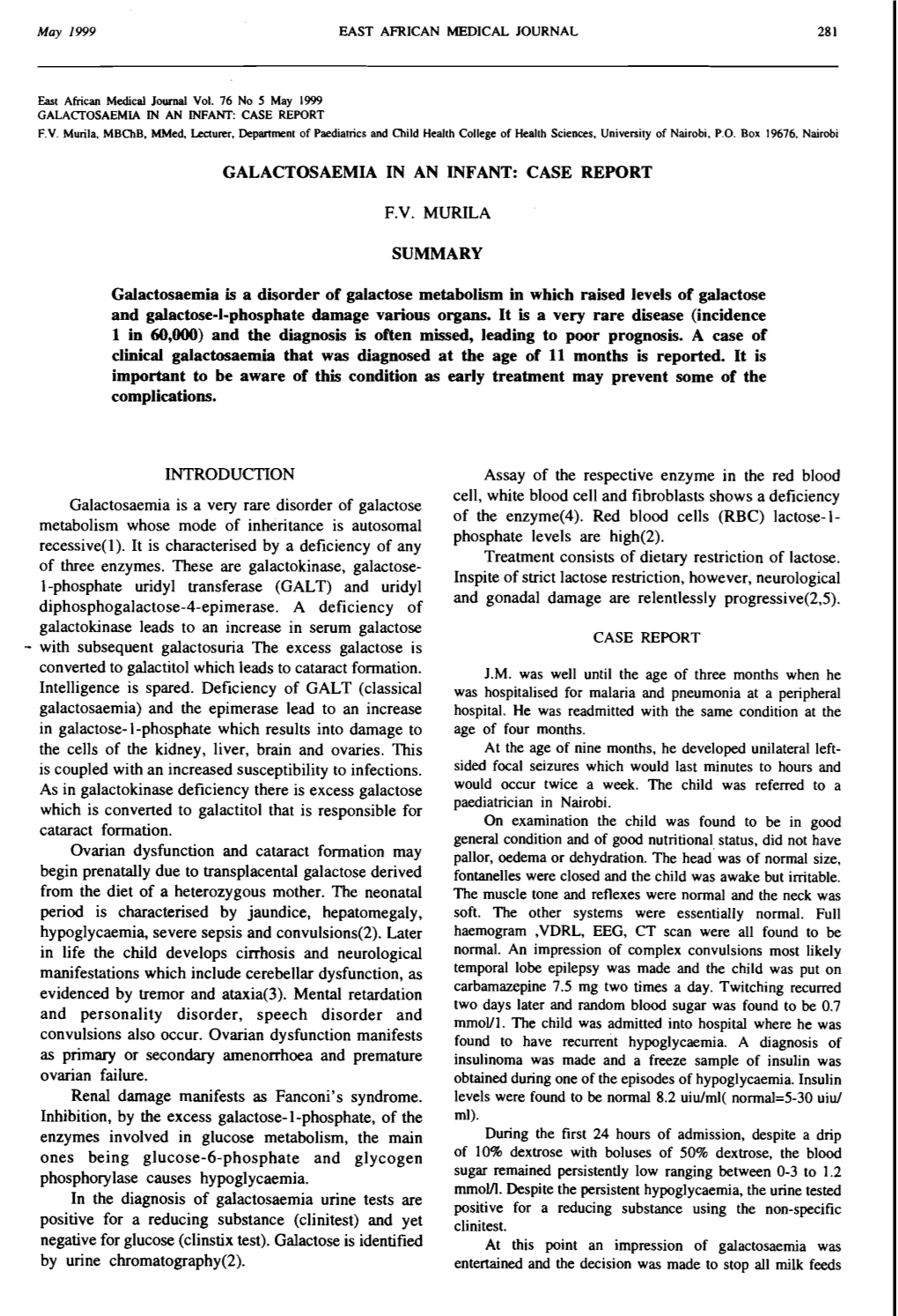 Galactosaemia in an Infant: Case Report F.V