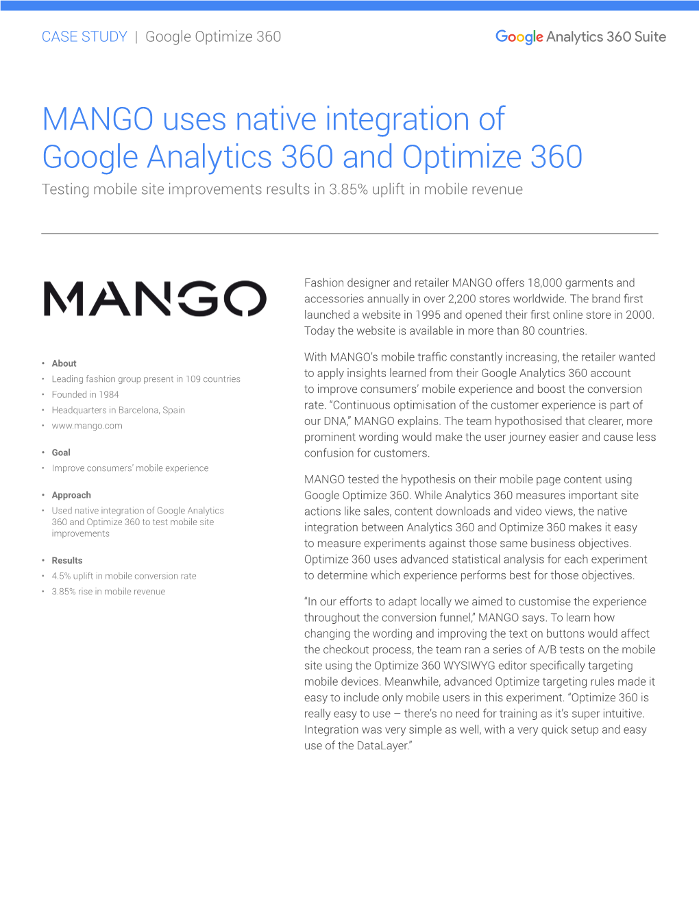 MANGO Uses Native Integration of Google Analytics 360 and Optimize 360 Testing Mobile Site Improvements Results in 3.85% Uplift in Mobile Revenue