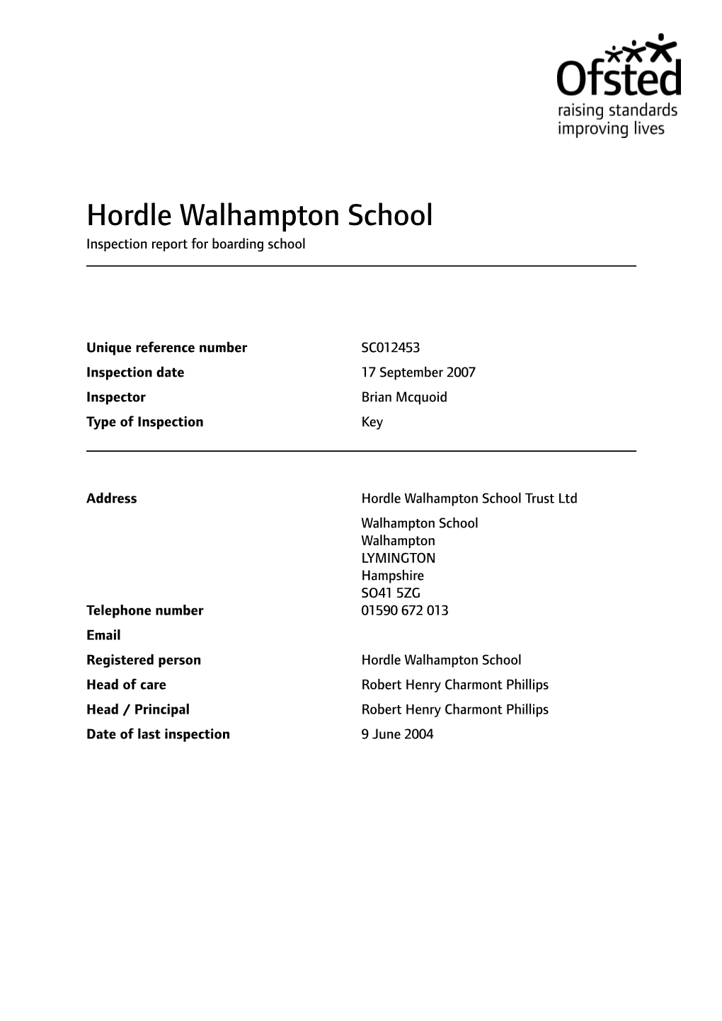 Hordle Walhampton School Inspection Report for Boarding School