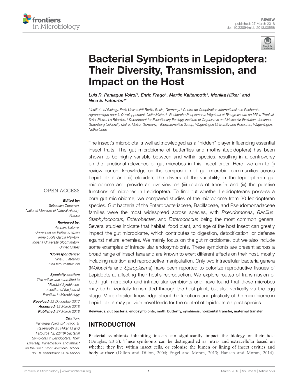 Bacterial Symbionts in Lepidoptera: Their Diversity, Transmission, and Impact on the Host