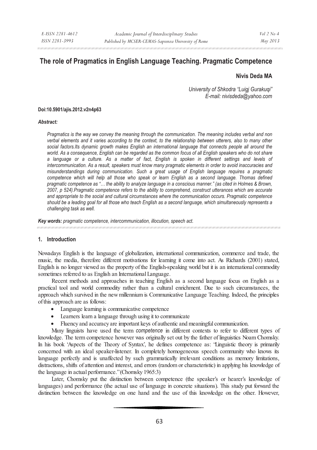 The Role of Pragmatics in English Language Teaching. Pragmatic Competence