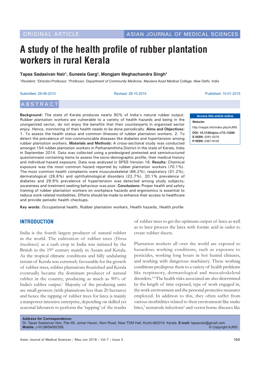 A Study of the Health Profile of Rubber Plantation Workers in Rural Kerala