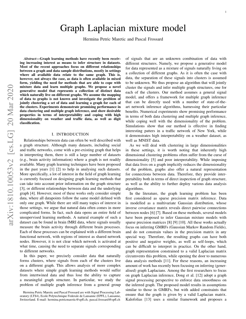 Graph Laplacian Mixture Model Hermina Petric Maretic and Pascal Frossard