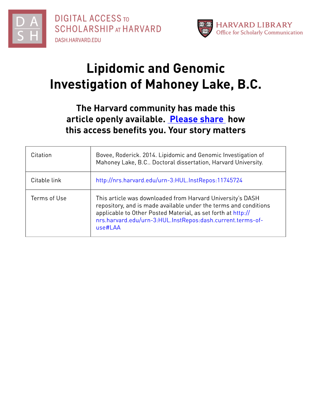 Lipidomic and Genomic Investigation of Mahoney Lake, B.C