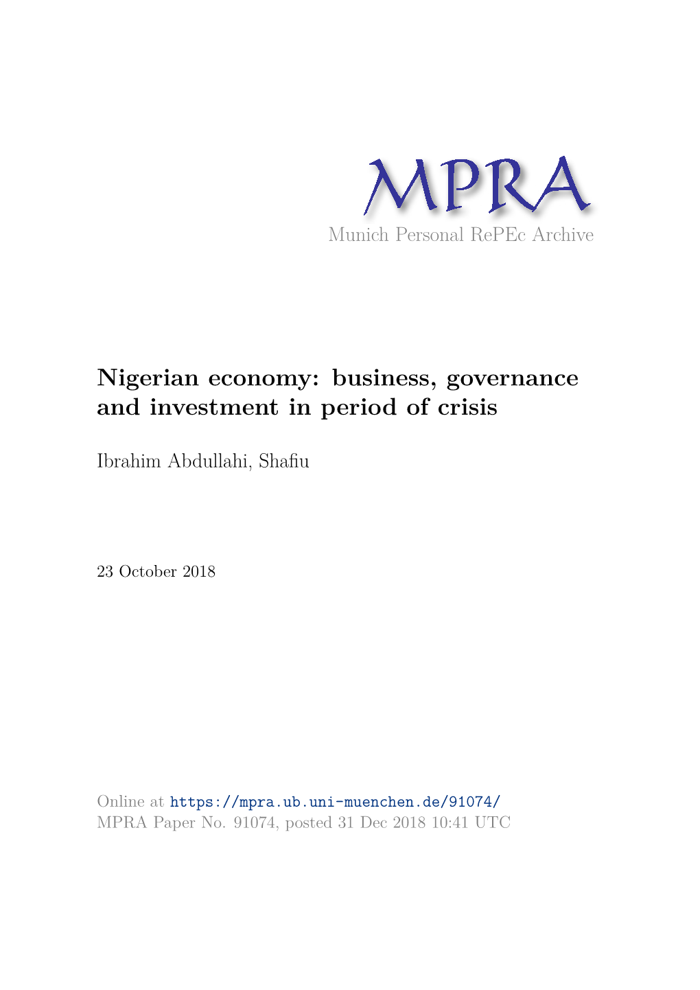 Nigerian Economy: Business, Governance and Investment in Period of Crisis