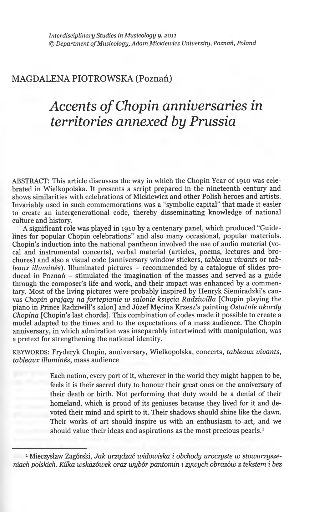 Accents of Chopin Anniversaries in Territories Annexed by Prussia