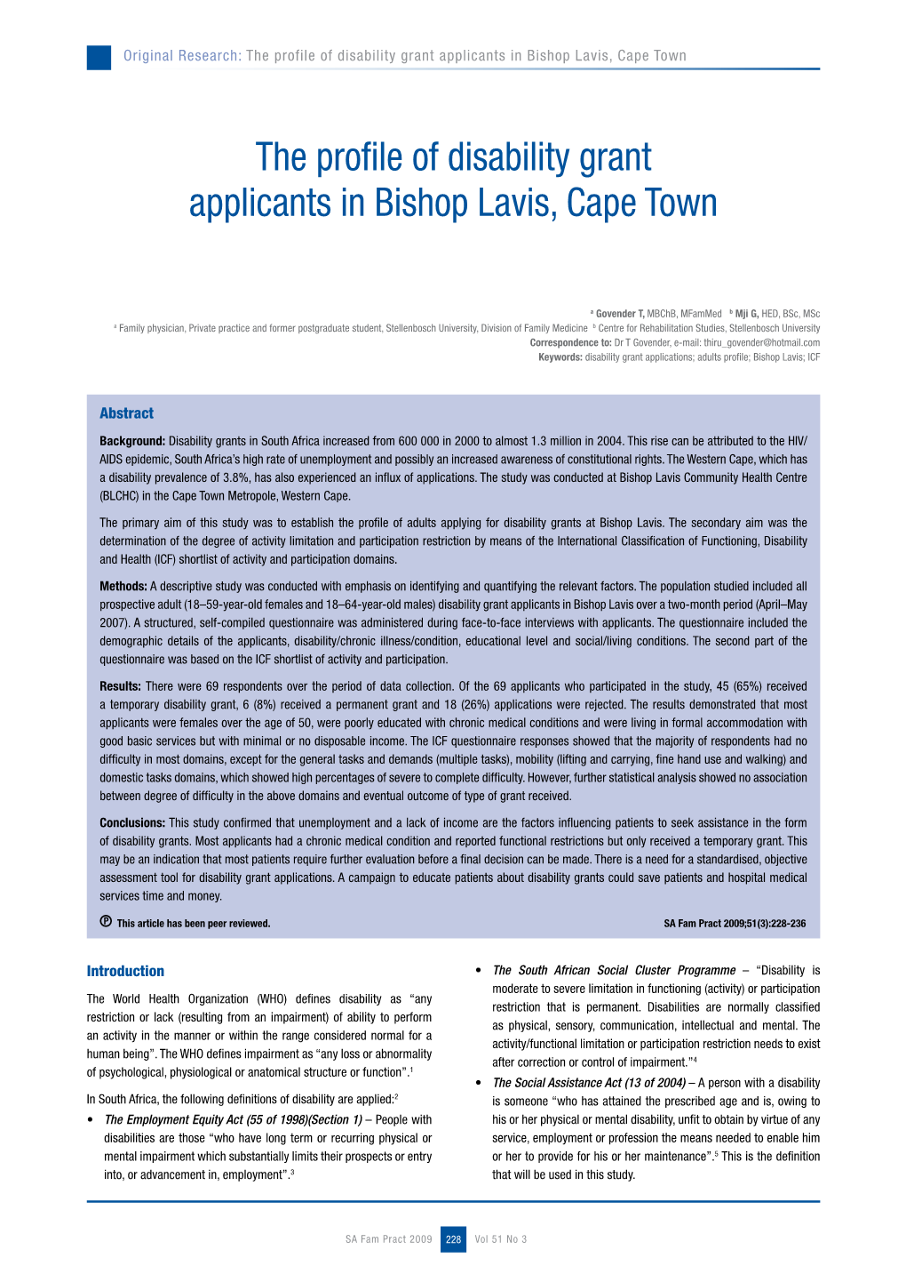 The Profile of Disability Grant Applicants in Bishop Lavis, Cape Town