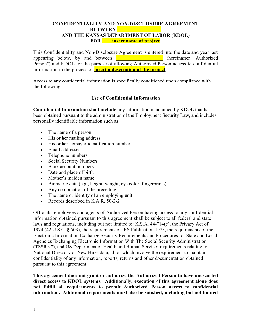 Confidentiality and Non-Disclosure Agreement Between ______ and the Kansas Department