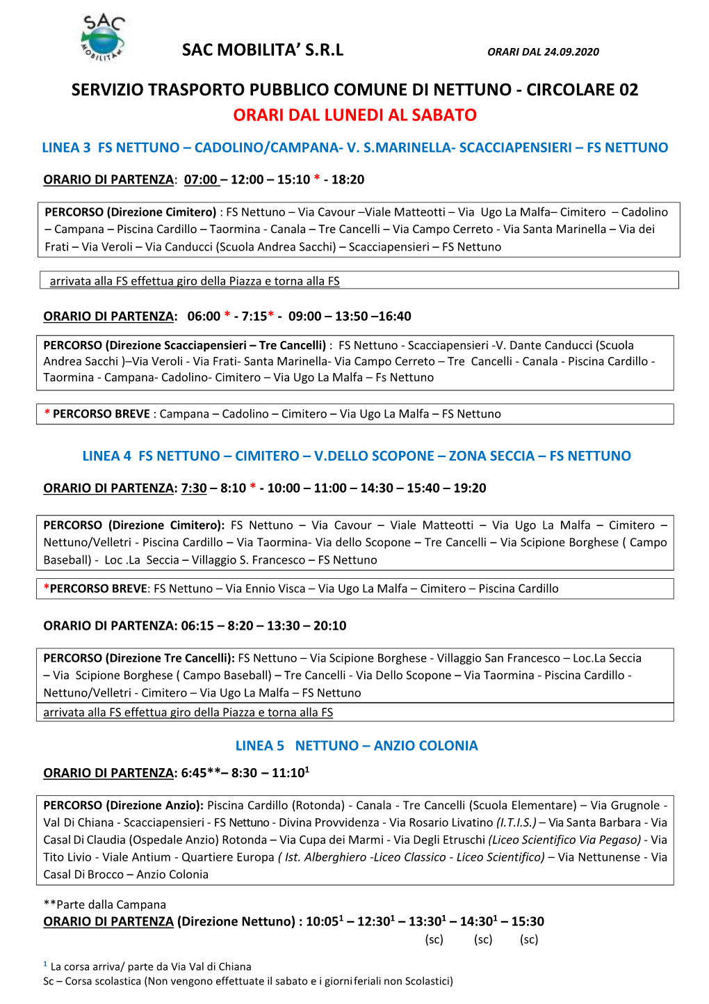 Circolare 02 Orari Dal Lunedi Al Sabato Linea 3 Fs Nettuno – Cadolino/Campana- V